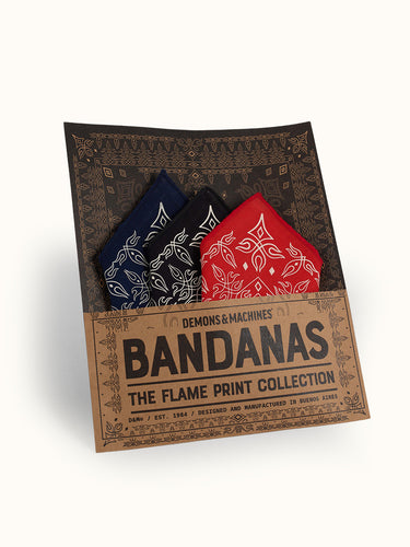Pack de Bandandas Flame de Demons & Machines, paquete de pañuelos con diseño llamativo y detalles en tonos vibrantes.