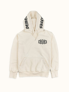 Buzo Hoodie Demons & Machines confeccionado en rústico de algodón de buen peso, con puños tejidos en morley al tono en mangas y bajo ruedo. Capucha ajustable mediante cordón. Bordados marcarios en altura 3D con hilo a contratono. 100% Algodón. #color_crudo