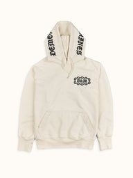 Buzo Hoodie Demons & Machines confeccionado en rústico de algodón de buen peso, con puños tejidos en morley al tono en mangas y bajo ruedo. Capucha ajustable mediante cordón. Bordados marcarios en altura 3D con hilo a contratono. 100% Algodón. #color_crudo