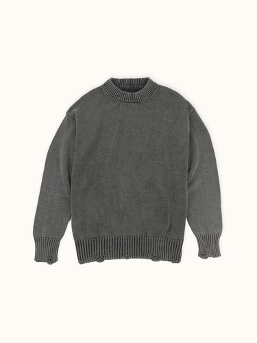 Sweater Demons & Machines de calce regular, tejido en hilado de puro algodón, con roturas localizadas. Proceso acid wash sobre prenda terminada, dandole un look gastado imperfecto. #color_gris