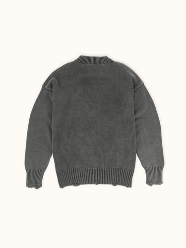 Sweater Demons & Machines de calce regular, tejido en hilado de puro algodón, con roturas localizadas. Proceso acid wash sobre prenda terminada, dandole un look gastado imperfecto. #color_gris