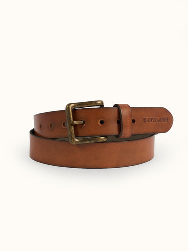 Warren Leather Belt in Tan, front view — 100% cowhide leather, 40 mm wide. Demons & Machines. #color_tan