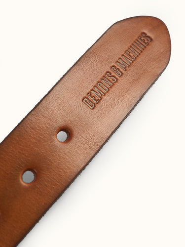 Warren Leather Belt in Tan, side view — sized 100/105 and 110/115. #color_tan