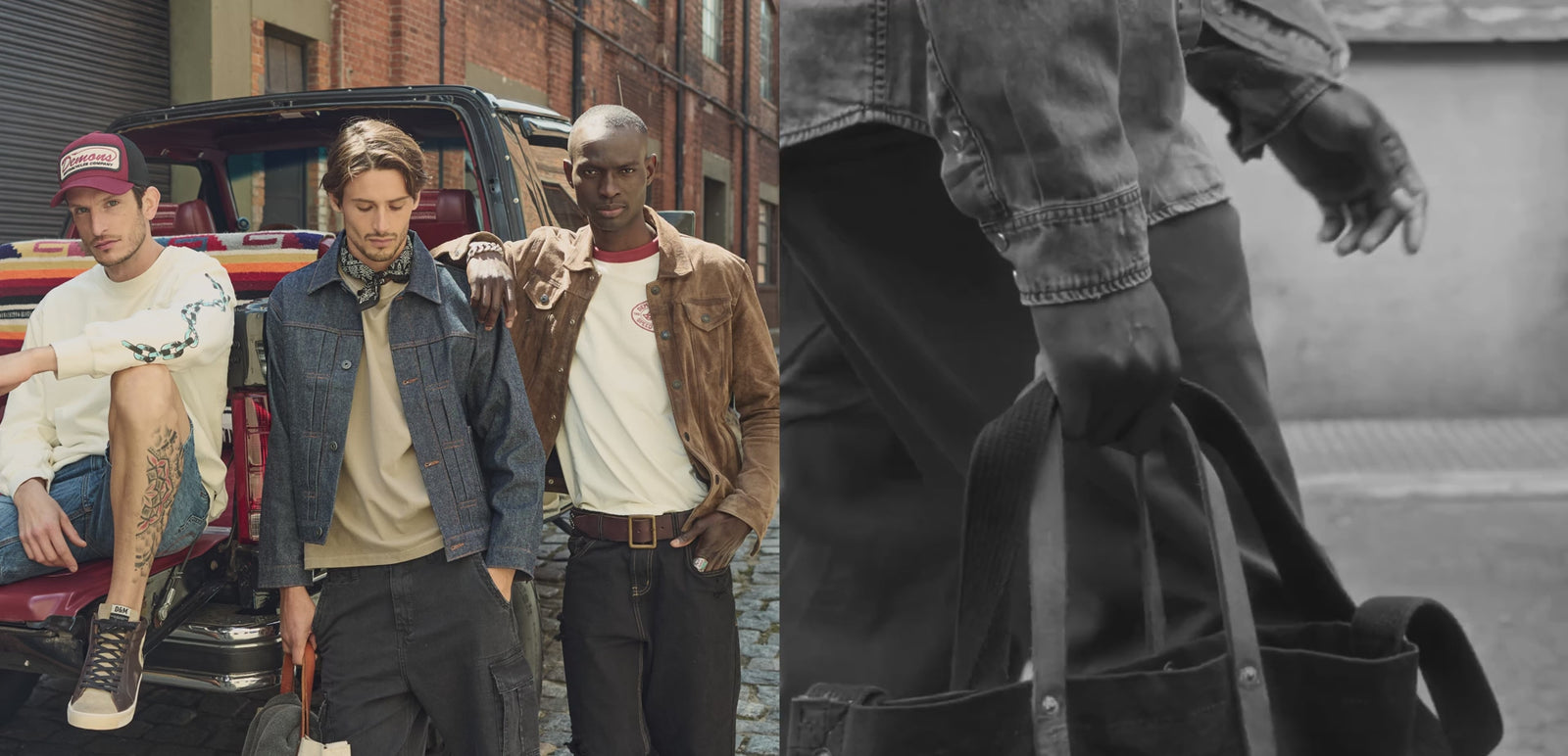 Video del Drop 1 Open Road: tres hombres con campera de denim, campera de gamuza y gorra trucker junto a una camioneta, y un retrato en blanco y negro con camisa de jean
