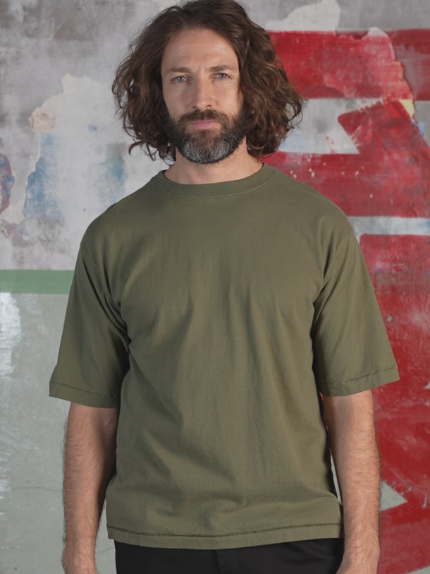 Relax T-Shirt detail — a tonal rib-knit collar and chain-stitched hems. #color_olive