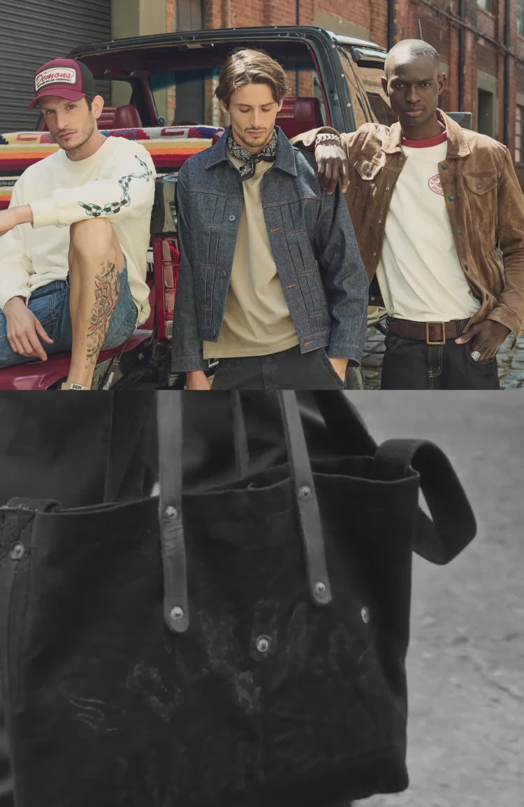 Video del Drop 1 Open Road: tres hombres con campera de denim, campera de gamuza y gorra trucker junto a una camioneta, y un retrato en blanco y negro con camisa de jean